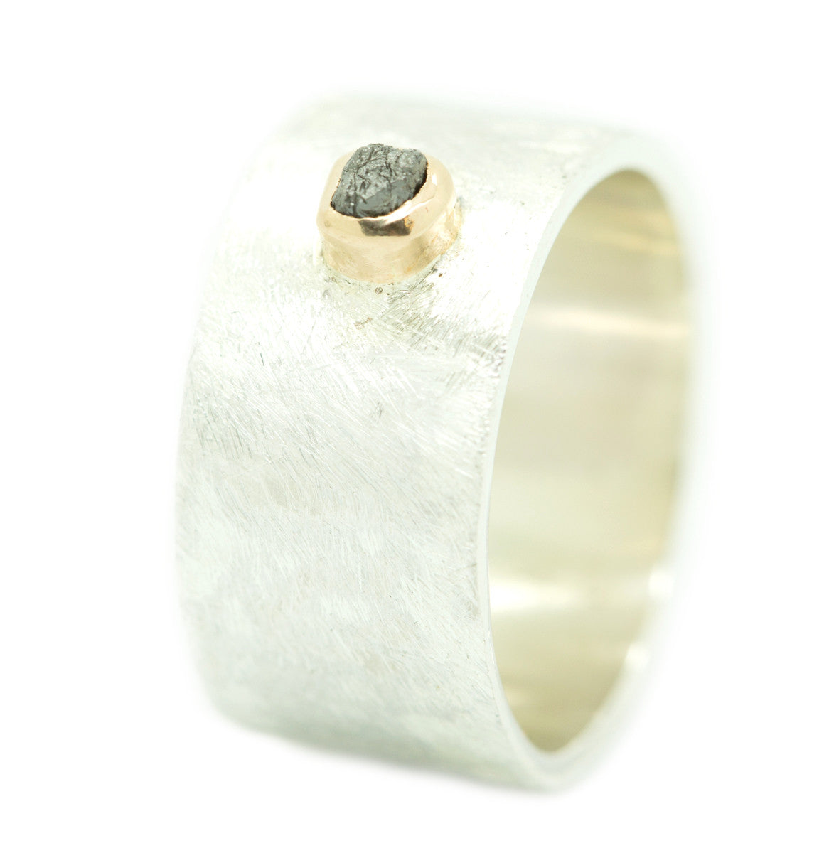 Brede zilveren ring met goud en ruwe diamant